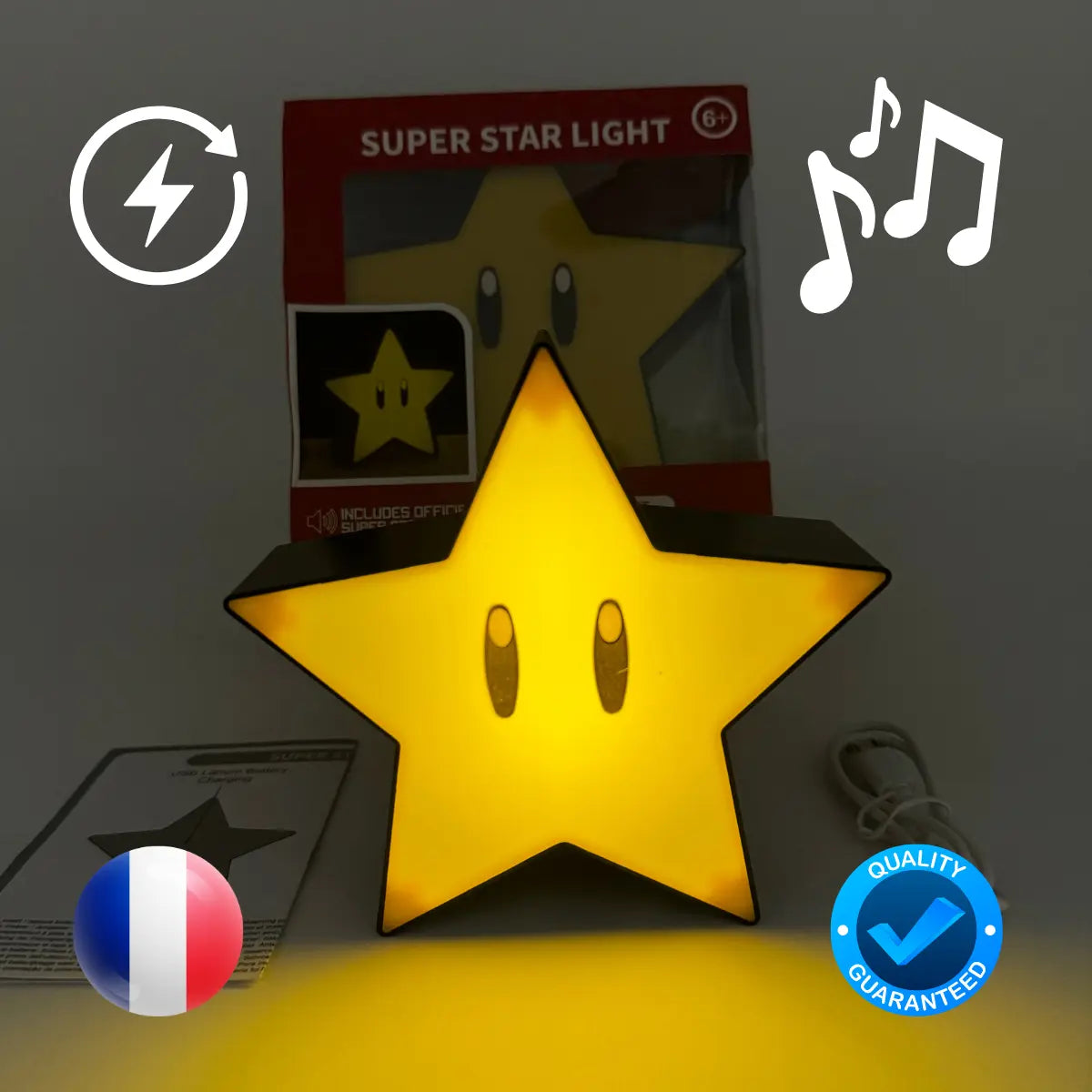 Lampe Étoile Mario 12 cm Rechargeable et musicale, Super Star veilleuse Retro CASH